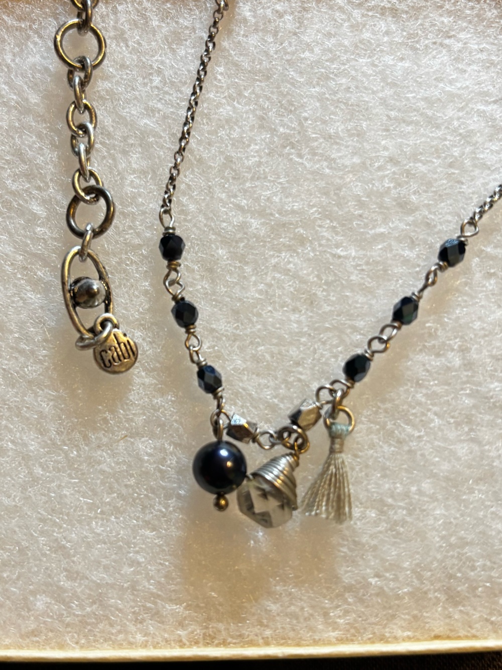 cAbi Black Crystal Beaded Necklace Pearl Crystal Tassel Charm Cluster Silver